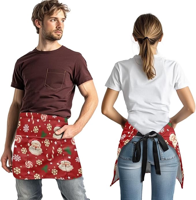 Waist Apron with 3 Pockets Waterproof 13 Inch Short Half Waist Aprons Women Men Server Aprons Waitress Waiter Apron