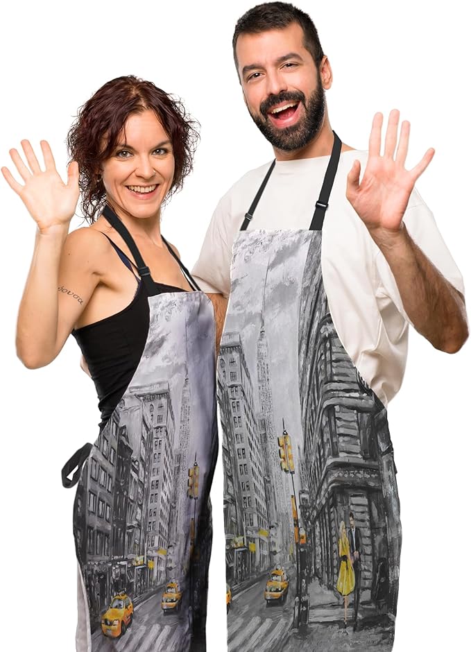 Baking Apron for Women Oil Painting Street View of New York Funny Aprons for Men for Kitchen Cooking Restaurant BBQ Painting Crafting 27” (W) x 31” (H), Waterproof Apron