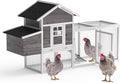 GOJOOASIS Chicken Coop for 2-4 Chickens Outdoor Grey Wooden Hen House Poultry Cage w/Wire Fence, Ramp, Nesting Box, Tray, Roosting Bar, 4 Access Areas (E)