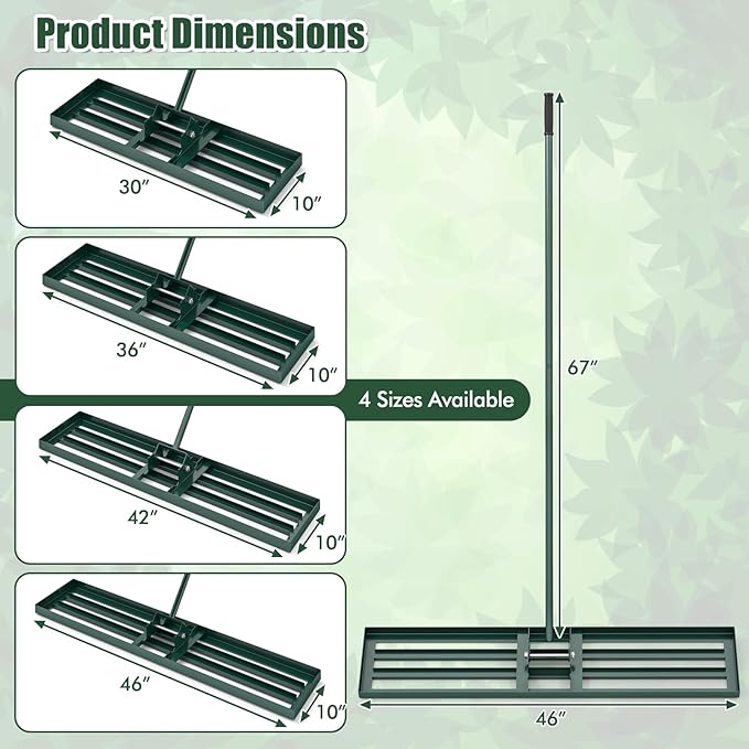 Happygrill Lawn Leveling Rake, Heavy Duty Lawn Level Tool for Soil w/67” Handle, Dirt Ground Leveler, Effort-Saving Landscape Rake for Garden, Backyard, Golf Course, Farm, Pasture (46" x 10", Green)