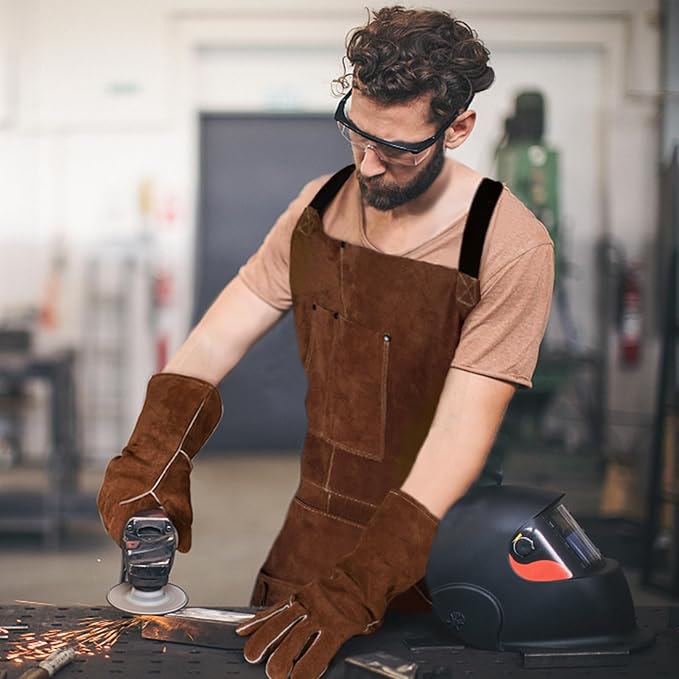 eletecpro Heavy Duty Leather Welding Apron Genuine Cowhide Flame & Heat Resistant Adjustable 42Lx24W with 6 Tool Pockets and Gloves for Mechanic, BBQ, Woodworking, Gardening, Men & Women Gift, Brown