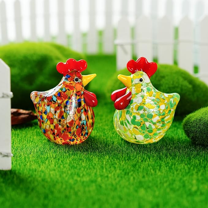 H&D HYALINE & DORA Set of 2 Mini Glass Rooster Figurines Art Blown Glass Chicken Collectible Figurine Crystal Animal Ornaments for Farm Thanksgiving Centerpiece Decor