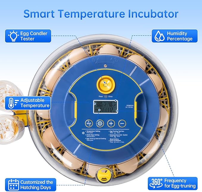 18 Egg Incubator for Hatching Eggs – Smart Auto Turner & Humidity Control, 360° View, Built-in Candler | Hatching Kit with Chick Helmet for Chicken, Duck, Quail | Ideal for Home & Classroom