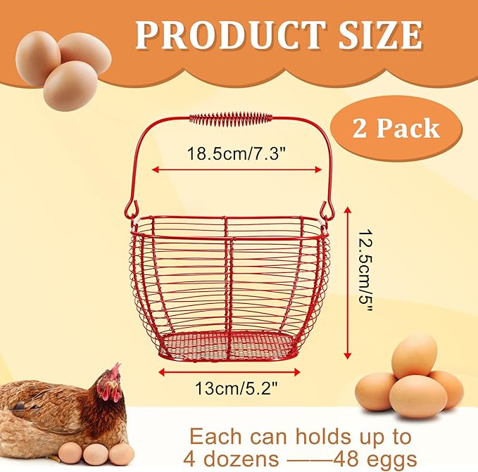 2 PCS 7" Red Square Wire Egg Baskets for Fresh Egg With Handle, Small Metal Collecting Basket for Gathering Fresh Eggs, Chicken and Duck Eggs Hunting Basket Egg Holder Countertop
