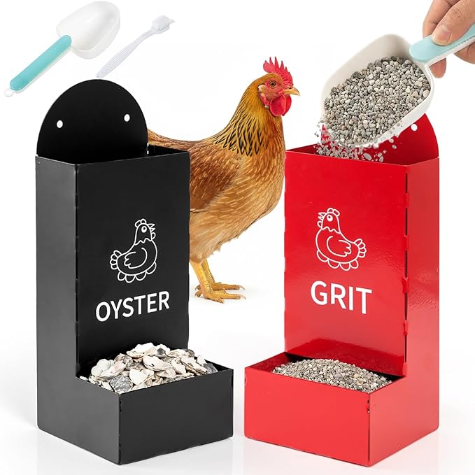 Chicken Oyster Shell Feeder, 2 Pcs Metal Chicken Feeder Kit, Chicken Coop Accessories, Includes Feeding Spoon & Brush