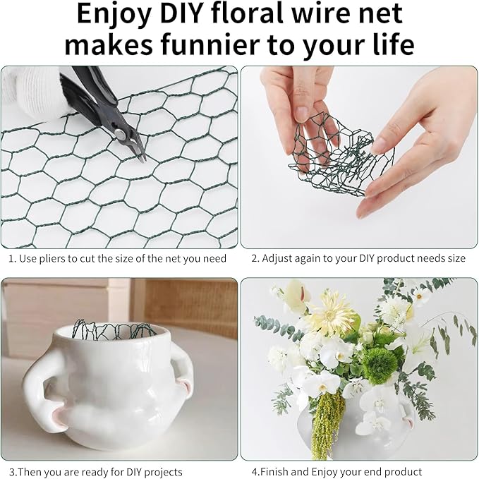 Chicken Wire for Floral Arrangements, 4 x 118 Inch Green Floral Wire Netting with Plier Gloves Zip Ties, 2mm Thickness Chicken Wire Fence for Garden Poultry