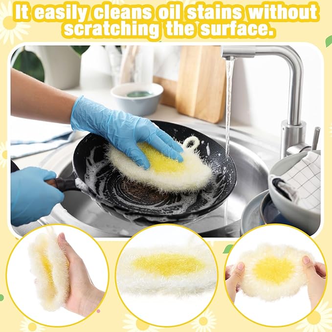 6 Piecs Daisy Shape Dish Sponge Dual Sided Non Scratch Daisy Dish Washing Scrubbers, Reusable Household Cleaning Kitchen Tools for Dishwashing Washing Dishes Cookware