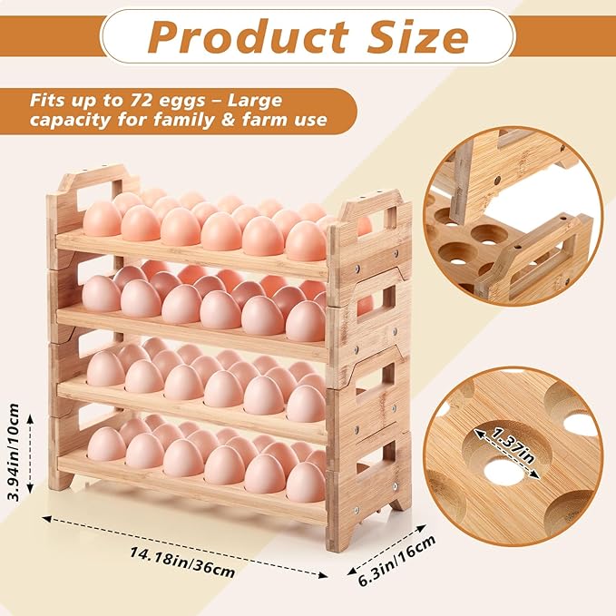 4 Tier Wooden Egg Holder for Countertop, Bamboo Stackable Fresh Eggs Storage Farmhouse Collecting Rack for Gathering Kitchen Organizer or Easter Egg Display, Stackable with 72 Eggs(Wood)