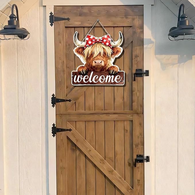 Farmhouse Wall Decor, Highland Cow Welcome Sign with Red Bow, Rustic Wood Hanging Plaque, Watercolor Oil Painting Style Farm Animal Wall Art for Country Porch Kitchen or Entry, 9.8x9.6 Inches