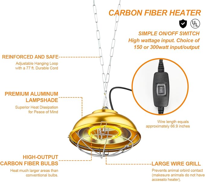 Heat Lamp for Chicken Coop, 300 Watts chicken coop heater with Adjust 2 Mode temperature &Hanging Height,Waterproof,Forlndoor & Outdoor Used,Suitable for Amphibians,Chick, Duck,Pets (round 300W)