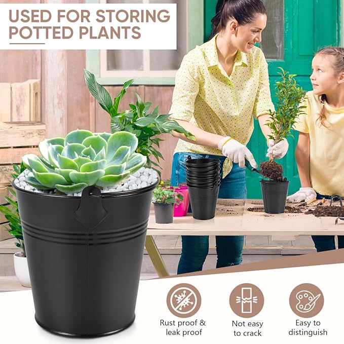 OBTANIM 7 Pack Black Metal Buckets with Handle Galvanized Ice Pails for Plants, Succulents, Party Favors Organizing, Rustic Home Decor or Classrooms Pencil Storage (4 x 2.8 inch)