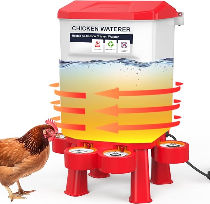 Hanging Heated Chicken Waterer, 2 Gallon Plastic Chicken Water Heater Heated Poultry Drinker, Detachable Legs, Winter and Summer Dual-use, Poultry Water Heater for Chicken Goose Duck - Red