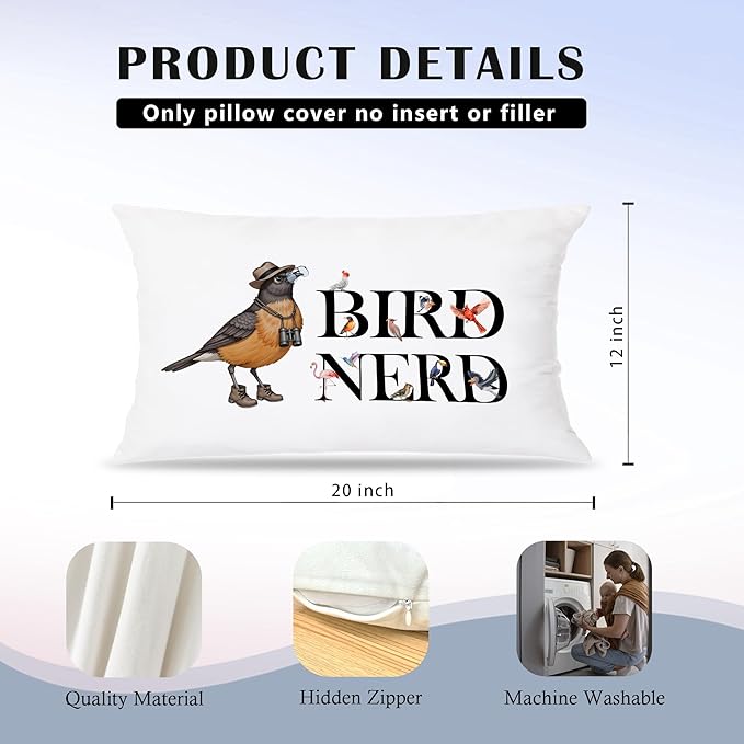 Funny Bird Nerd Pillow Covers 12x20, Gifts for Bird Lovers Watchers, Birds Watching Gifts Lumbar Throw Pillow Covers for Home Bedroom Living Room