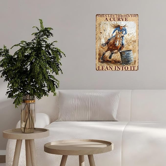 Metal Tin Sign Vintage Retro Horse Riding Cowgirl Wall Decor When Life Throws You A Curve Lean Into It Funny Tin Sign Poster Art Metal Wall Plaque Decor 12 * 16inch