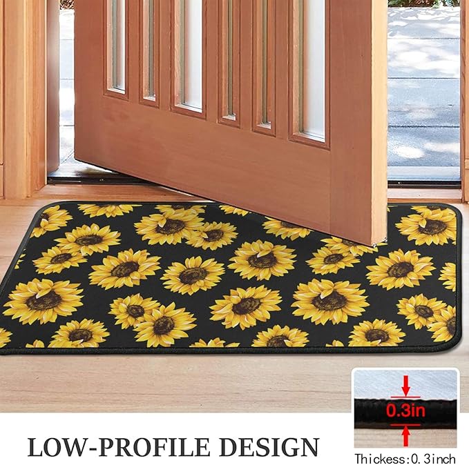 Roszwtit Farmhouse Kitchen Rugs and Mats, Black Sunflowers Door Mat, Seasonal Washable Non-Slip Floor Mats for Home Kitchen Decor 30x17 Inch