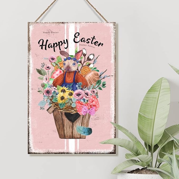 Wood Wall Decor Sign Happy Easter Flower Basket Bunny Sign French Style Floral Pink Stripes Wood Art Plaques Bunny Rabbit Happy Easter Wood Wall Art Sign for Bedroom 12x18in