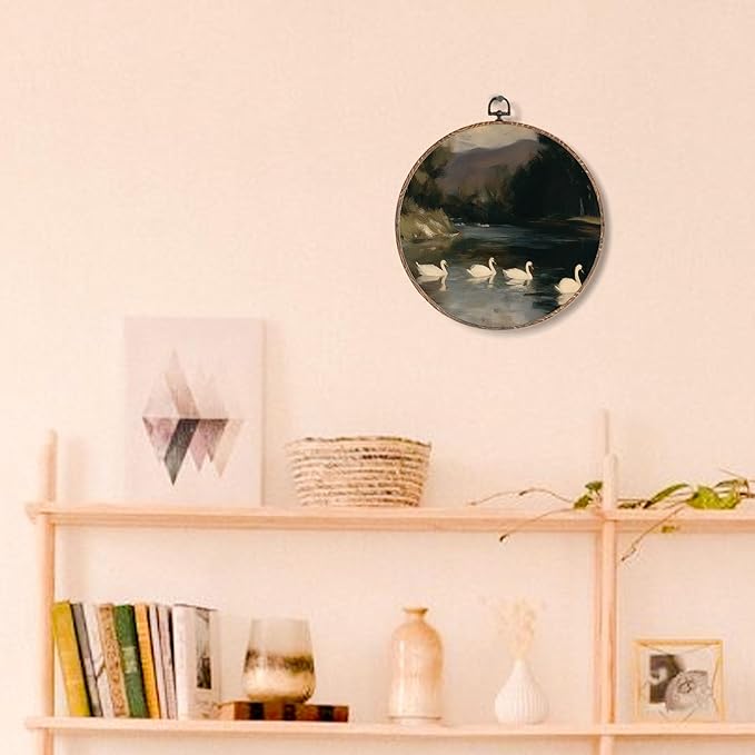 Yorhifa Vintage Moody Swan Framed Wall Art, Dark Academia White Swan Round Wall Art, Retro Elegant Animal Round Walls Decor, Rustic Circle Canvas Artwork Hanging Decor, 10x10in