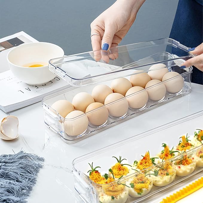 YOHA Clear Deviled Egg Tray Carrier with Lid 12 Grids Eggs Holder Case Refrigerator Egg Container Deviled Egg Platter Stackable Egg Tray Camping Picnic Travel Portable Egg Storage Container,Clear-12