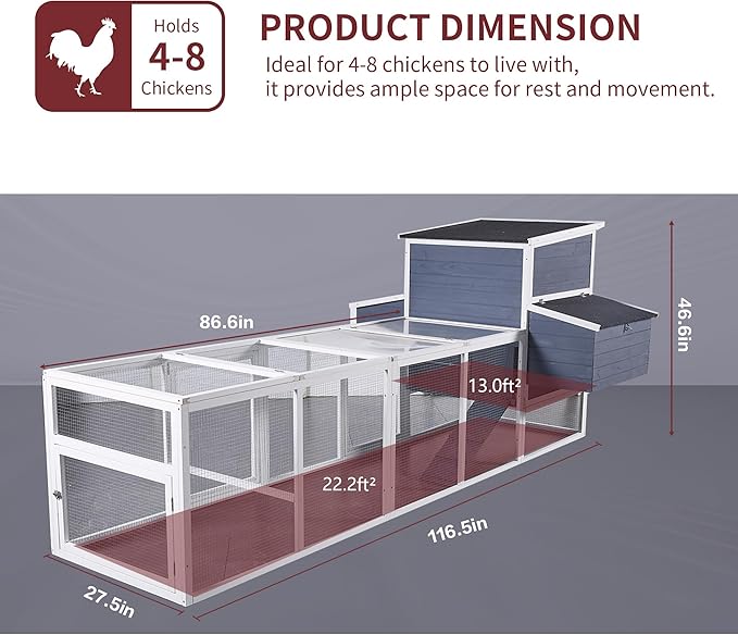 117'' Large Chicken Coop for 4-8 Chickens, Wooden Hen House with Run & 4 Nesting Boxes, Outdoor Poultry Cage Rabbit Cage Duck House with Ramps & Tray, 116.5''L*59''W*46.6''H