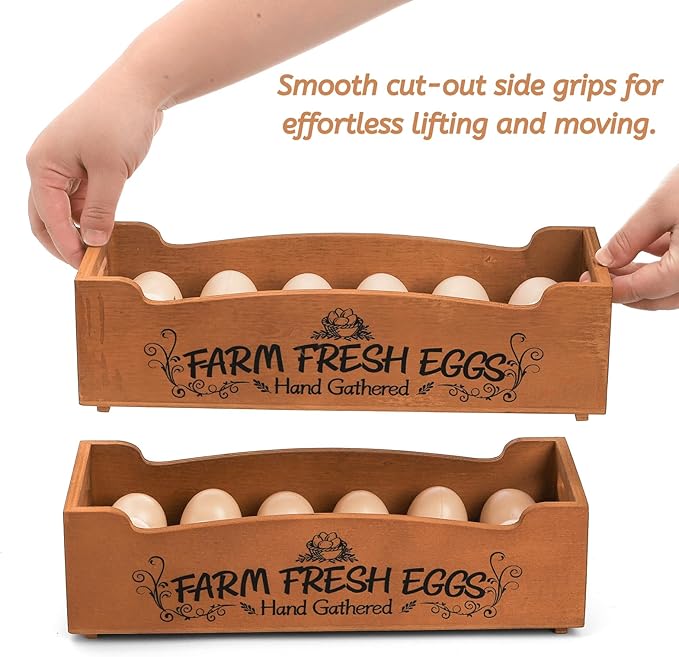 YOUEON Wooden Egg Holder for Countertop, Stackable 2-Tier Egg Crates for 24 Eggs with Handle, Farmhouse Rustic Pinewood Egg Storage Box with “Farm Fresh Eggs” Print, No Assembly Needed