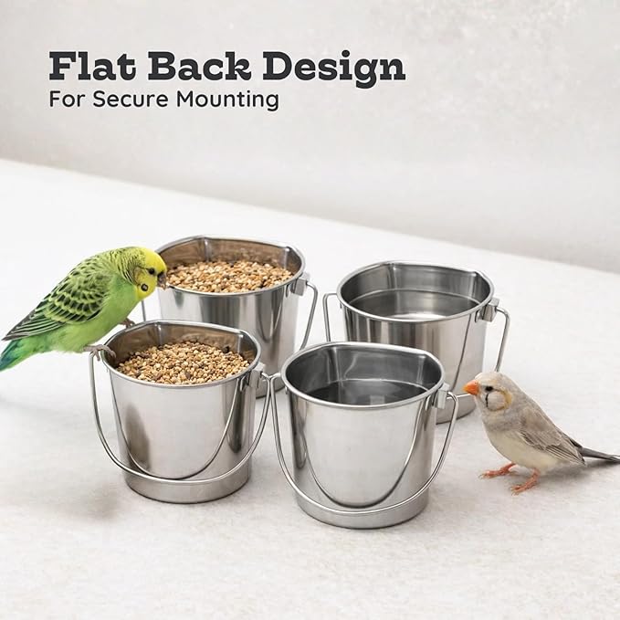 Flat Sided Stainless Steel Bucket, 1 Quart (0.25 Gallon) Hanging Feeding Pail for Small Dogs Cats Birds, Fits Kennels Cages Compatible, Heavy Duty Food & Water Feed, Silver Buckets 4 Pack