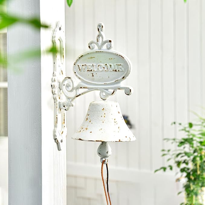 Sungmor Cast Iron Dinner Bell Rustic White Wall Hanging Bell Welcome Sign, Vintage Style Farmhouse Outside Door Bell, Decorative Manually Shaking Doorbell, Indoor Outdoor Wall Mounted Dinner Bell