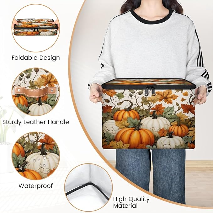 Fall Pumpkin Storage Bins with Lids, Maple Leaf Fabric Storage Boxes with Zipper, Collapsible Decorative Closet Organizer Cube for Clothes,Organizing, Shelves