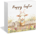 Happy Easter Lamb Wooden Box Sign Desk Decor, Spring Wildflower Easter Egg Farmhouse Sheep Wood Signs for Bedroom Home Office Desk Table Shelf Decorations, 5x5 Inch