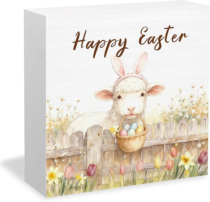 Happy Easter Lamb Wooden Box Sign Desk Decor, Spring Wildflower Easter Egg Farmhouse Sheep Wood Signs for Bedroom Home Office Desk Table Shelf Decorations, 5x5 Inch