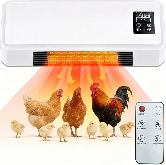 1500W Chicken Coop Heater for Winter, Wall-Mounted 2 Mode Poultry Heater with 5S Fast Heating, Adjustable Temp 77~99℉, Safe Heater for Chicken/Pets/Bird