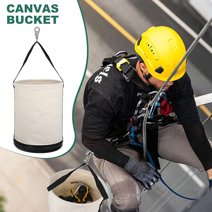 Utility Canvas Bucket 15" x 12" All Purpose Truck Tool Bucket Bag Organizer with Plastic Bottom Metal Hook for Store Work Tool Accessory, Load Capacity up to 150 Lbs