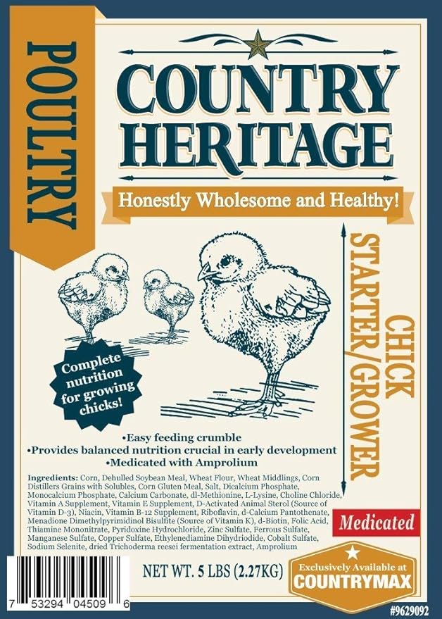 Country Heritage Medicated Chick Starter Grower Feed 10lbs - Complete Nutrition Crumble for Baby Chicks 0-8 Weeks, 18% Protein