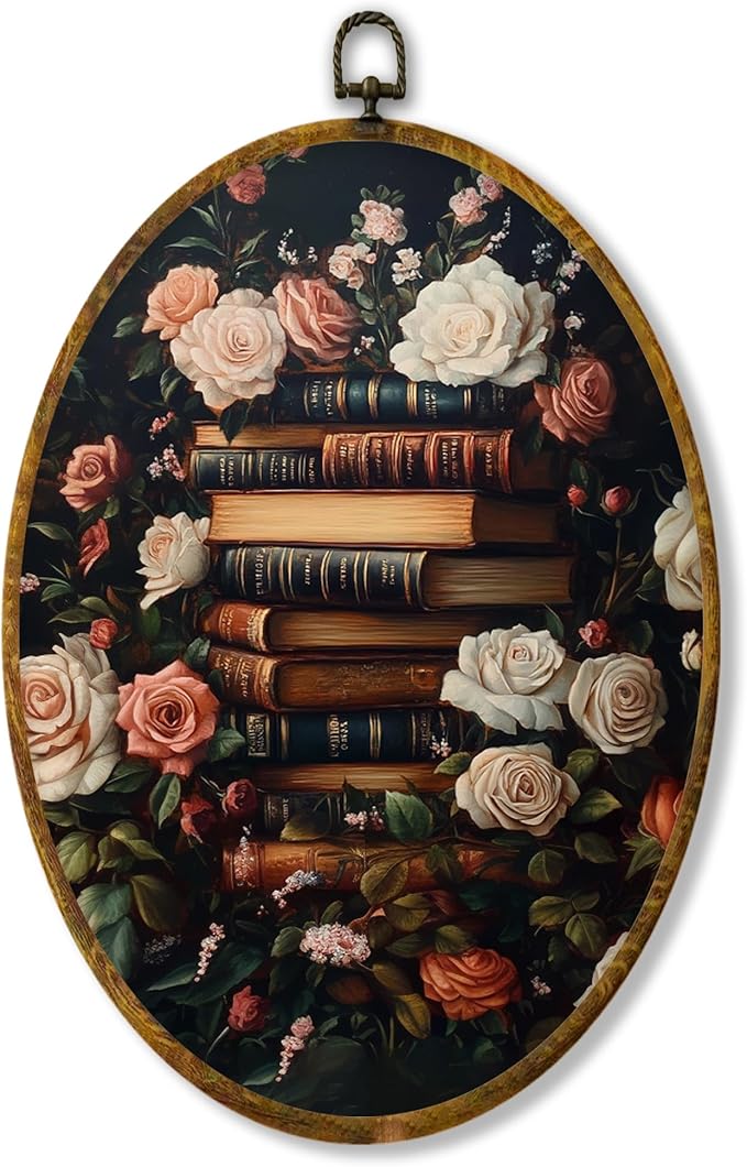 Hiuwevt Vintage Floral Book Oval Wall Art Decor, Retro Dark Framed Canvas Prints, Academia Bookish Aesthetic Oval Wall Hanging Decor for Bedroom Home Decorations, 8.6x11.4 Inches