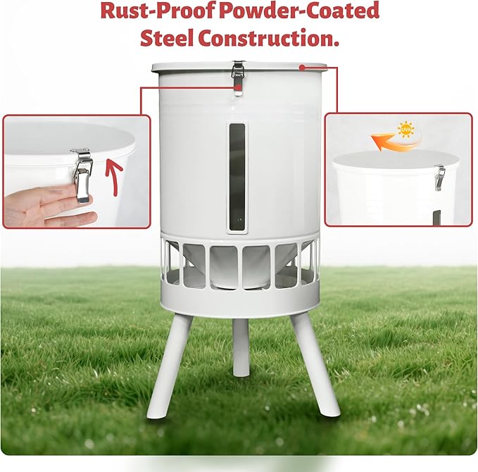 KOL 50LB Metal Chicken Feeder - No Waste, No Clog Design with 16 Ports & Smooth Gravity-Flow, Powder Coated Rust-Proof for Coop Use (Jade White)