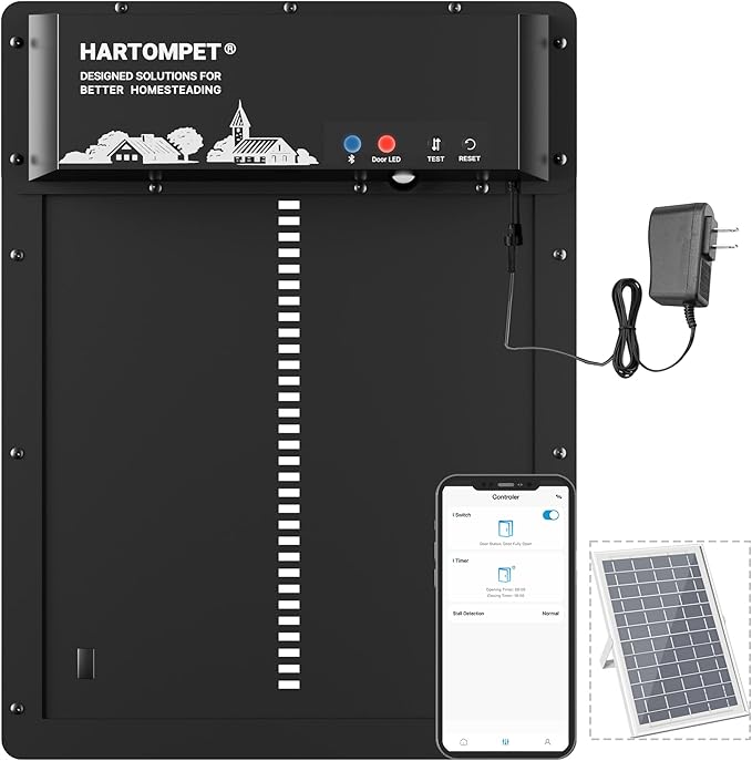 Automatic Chicken Coop Door – App-Controlled Schedule, Solar/Battery/Plug-in Powered, Anti-Pinch Motion Sensor with Resistance Detection, Weatherproof Aluminum Electric Door - HARTOMPET