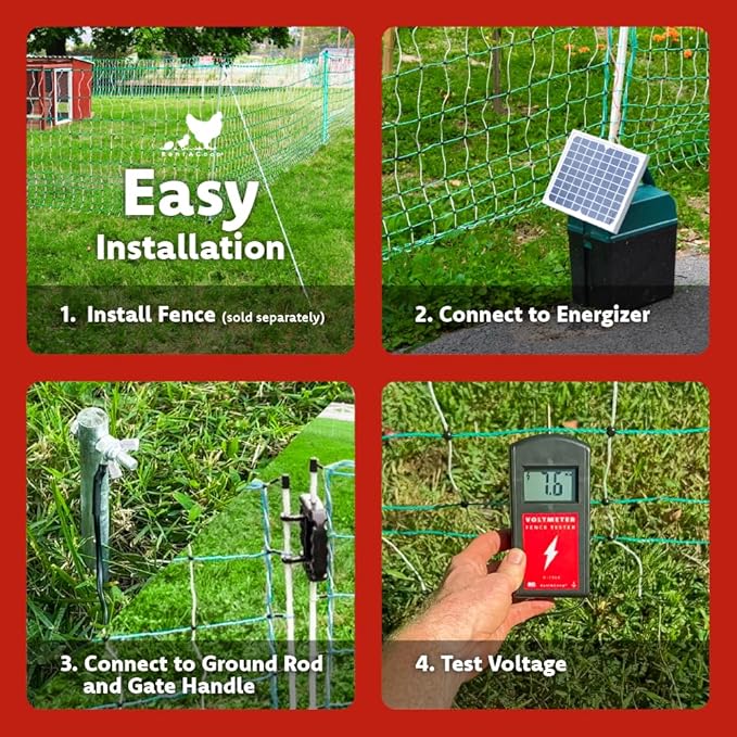 RentACoop Electric Poultry Netting Accessory Set - Includes - 0.38J Solar Fence Charger, 3' Grounding Rod, Gate Handle Kit, and Voltmeter Fence Tester