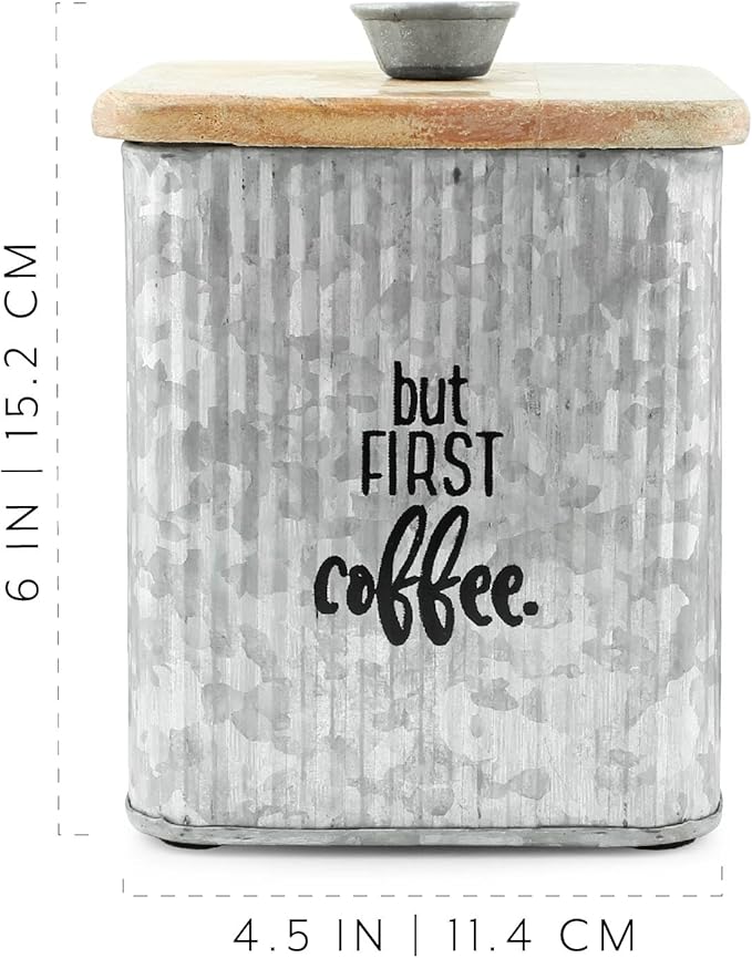 AuldHome Design Farmhouse Galvanized Canisters (Set of 3); Storage Containers for Coffee, Tea and Sugar in Galvanized Iron and Wood Design