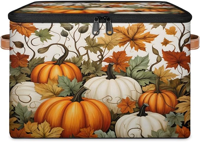 Fall Pumpkin Storage Bins with Lids, Maple Leaf Fabric Storage Boxes with Zipper, Collapsible Decorative Closet Organizer Cube for Clothes,Organizing, Shelves