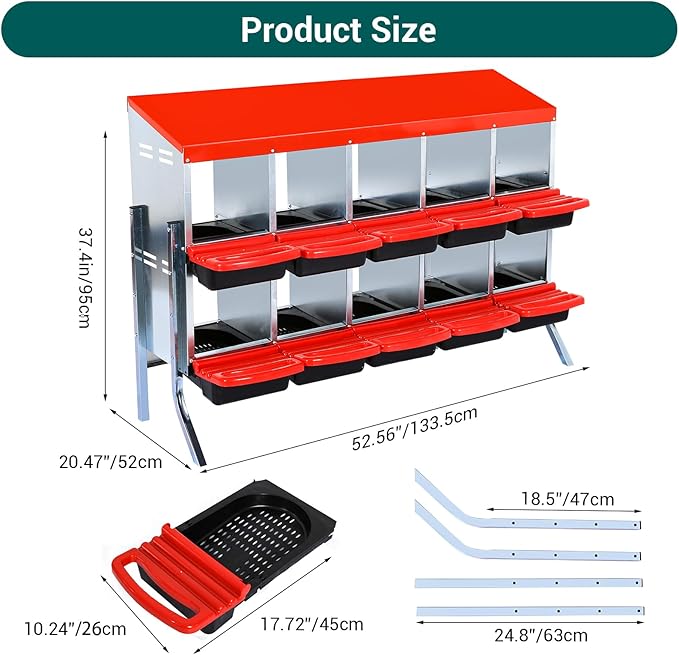 Nesting Box for Chickens, 10 Hole Chicken Nesting Box, Roll Away Nest Boxes with Legs, Poultry Nest Boxes for Chickens Laying Egg, Red