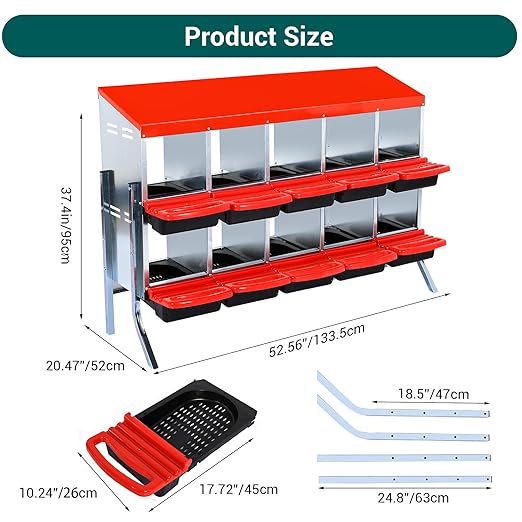 Garvee Chicken Nesting Boxes, 10 Hole Metal Chicken Laying Box with Removable Trays and Roll Out Egg Collection for Chicken Coop, with Metal Legs, Red