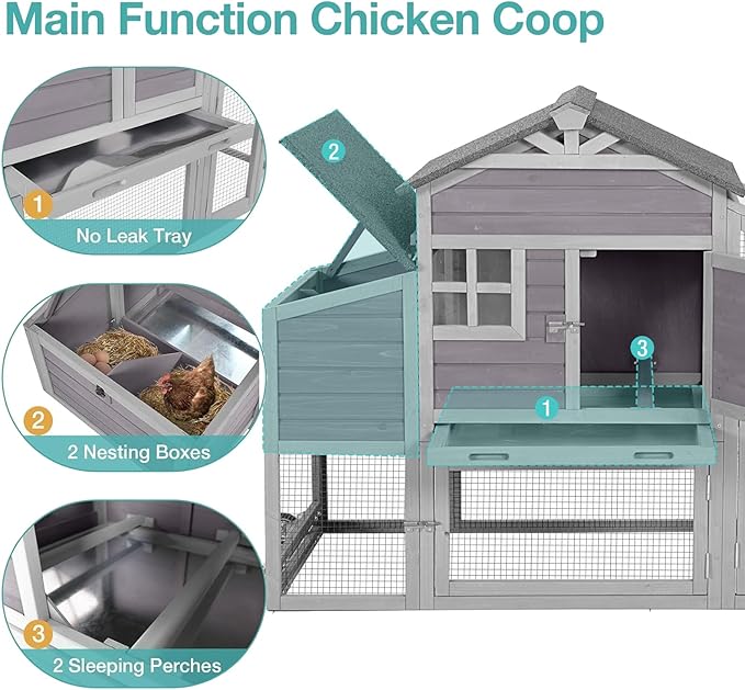 Outdoor Chicken Coop with Run, 2-Story Wooden Hen House with Wheels, Waterproof Roof & Pull-Out Tray for 2-4 Chickens (Grey)