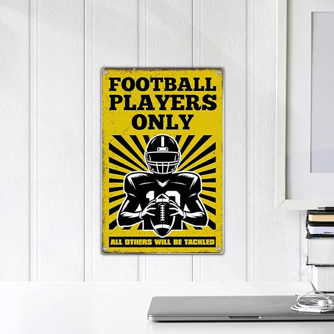 Football Players Only Metal Sign 8 x 12 Inch Funny American Wall Decor For Game Room Gym Bar Garage Sports Poster Decoration Athletes Coaches Fans Indoor Home Kitchen