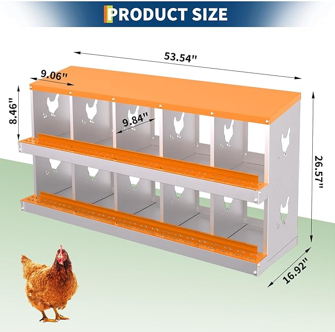 10 Compartment Chicken Nesting Box, Wall Mount Hen Laying Boxes with Removable Trays, 10-Hole Galvanized Steel Metal Hanging Poultry Nest for Backyard, Farms, and Chicken Coop, Egg Collection