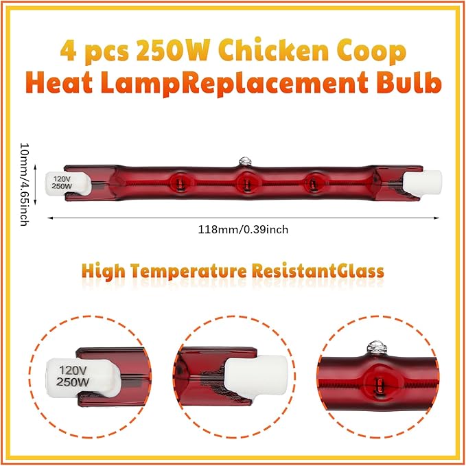 4 Pcs 250w Chicken Coop Heat Lamp Replacement Light Bar Chicken Brooder Heat Lamp Replacement for Chicken Livestock Dogs Sheep Pets Brooder Heater, 4.65 x 0.39 Inch, Heat Lamp Not Included
