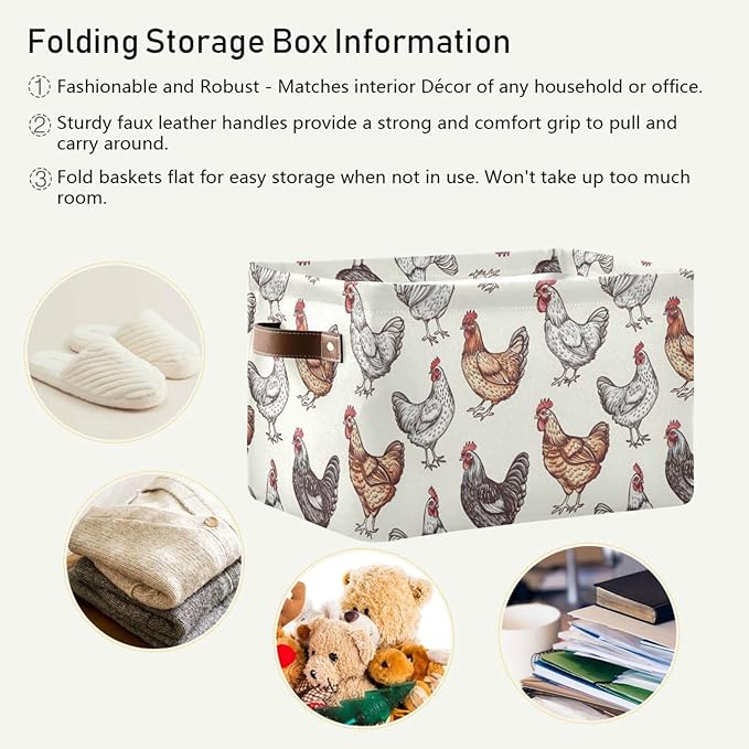 JIPONI Chickens Fabric Storage Bins for Shelves, Decorative Storage baskets for organizing, Closet Organizer with Handle for Cloth, Toys, Bedrooms, Farmhouse