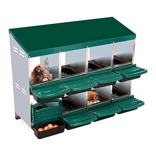 Garvee Chicken Nesting Boxes, 8 Hole Metal Chicken Laying Box with Removable Trays and Roll Out Egg Collection for Chicken Coop, Green