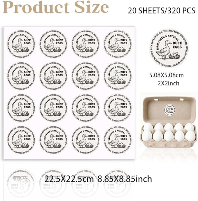 320 Pcs Duck Egg Laid on Stickers, 2 Inch Retro Round Farm Fresh Eggs Sticker Round Eggs Stickers PET Adhesive Egg Packaging Sticker for Box Container Carton Farm Supplies