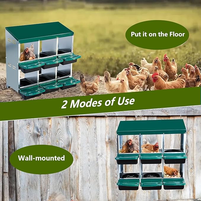 Chicken Nesting Box, 2-Tier Chicken Laying Boxes for Hens, 10 Hole Nesting Boxes for Chickens, Roll Away Nest Box for Laying Eggs, Roll Out, Easy Egg Collection (Green, 6-Holes Without Legs)