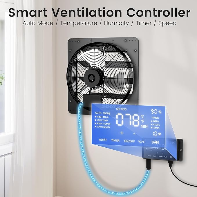 Xcity 12 inch Pro Shutter Exhaust Fan with Thermostat & Humidity controller, High Velocity Wall Mounted Fan 950 CFM, 1650 RPM Variable Speed, Auto Aluminum Attic Vent Fan for Garage, Warehouse