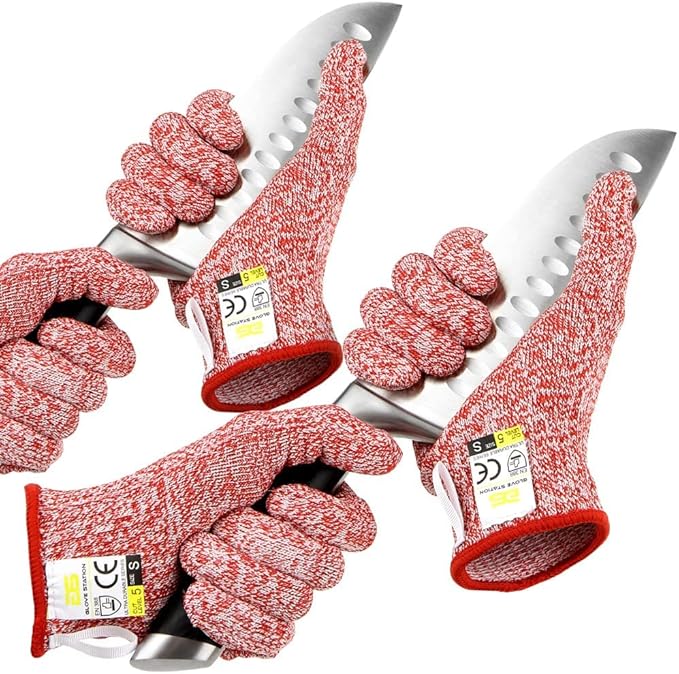 Glove Station Ultra Durable Series Cut Resistant Gloves - Cutting Gloves for Chefs, BBQ and Cooking - Level 5 Protection, Food Grade Safe Cut - Red, Medium Size [2-Pack]